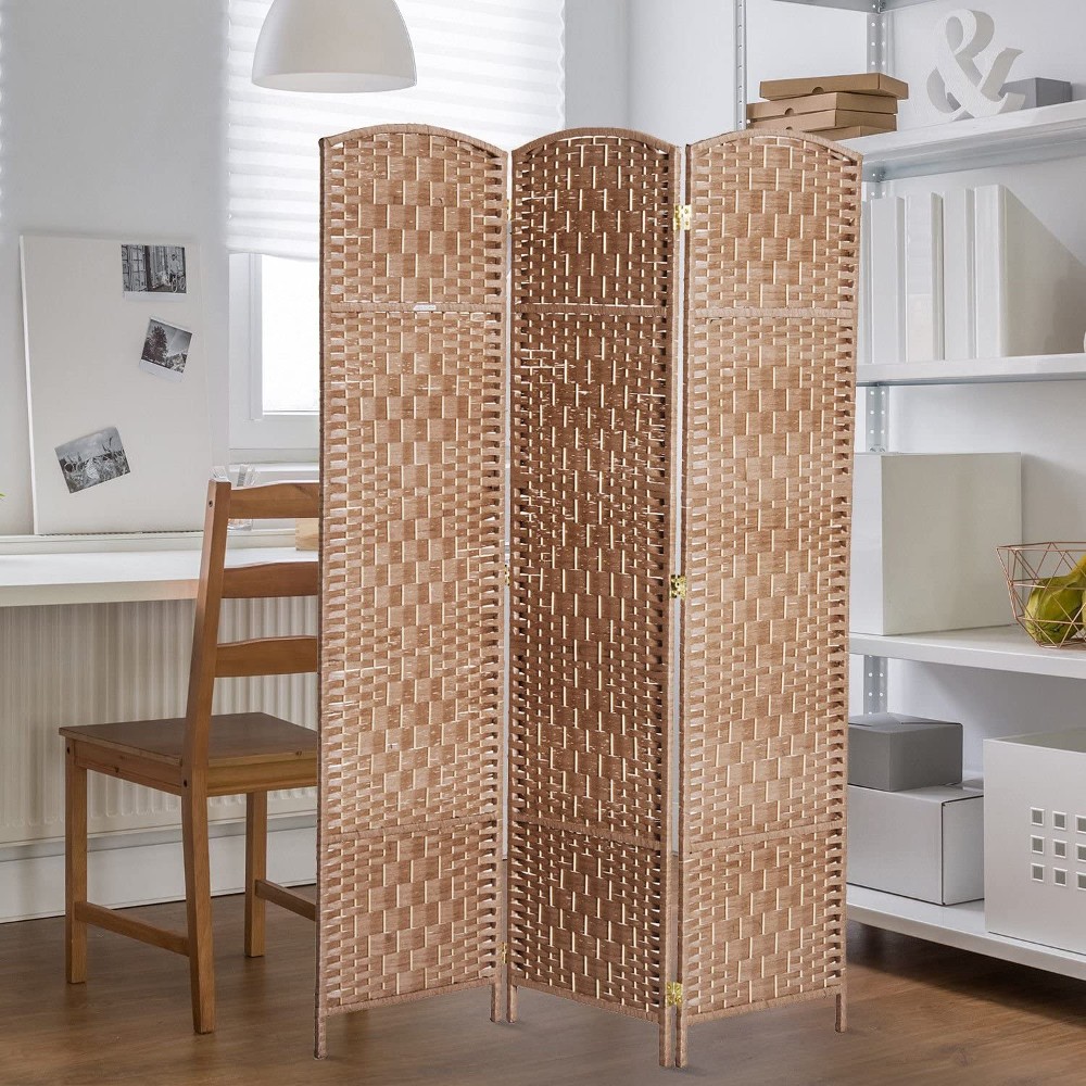 Tall brown woven wicker room divider