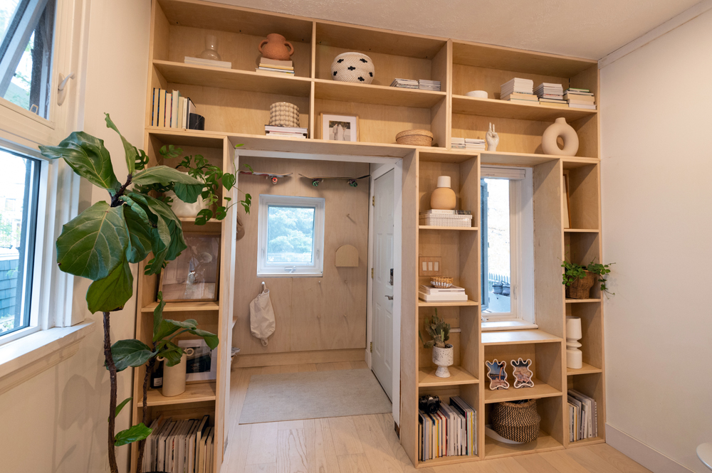 Amy Highton Calgary house tour - DIY plywood wraparound shelves