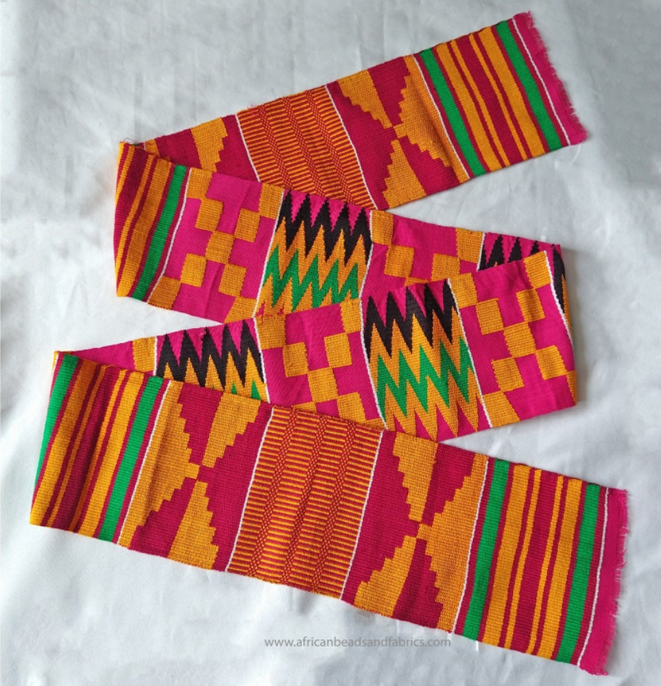 A vibrant asante kente stole consisting of a variety of geometric patterns and bold, bright colours.