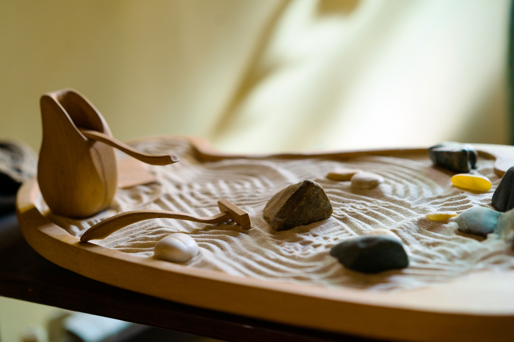 Wooden zen sand garden with rocks