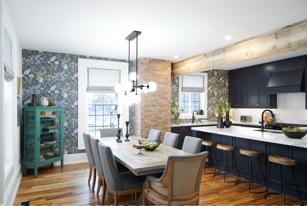 Modern farmhouse kitchen with charcoal blue cabinetry
