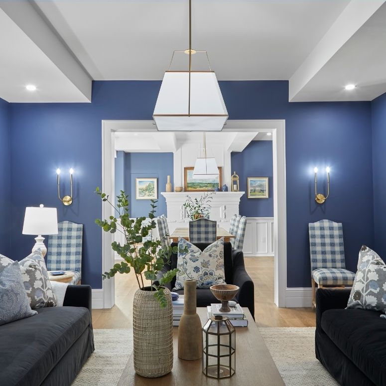 Living room painted navy blue and with grey chairs