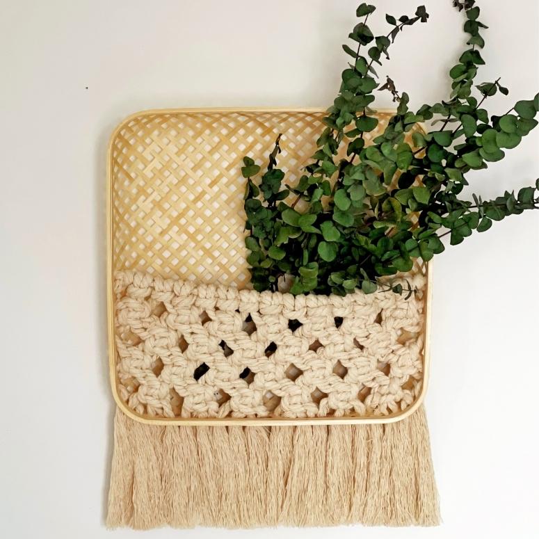 Macrame hanging basket with eucalyptus