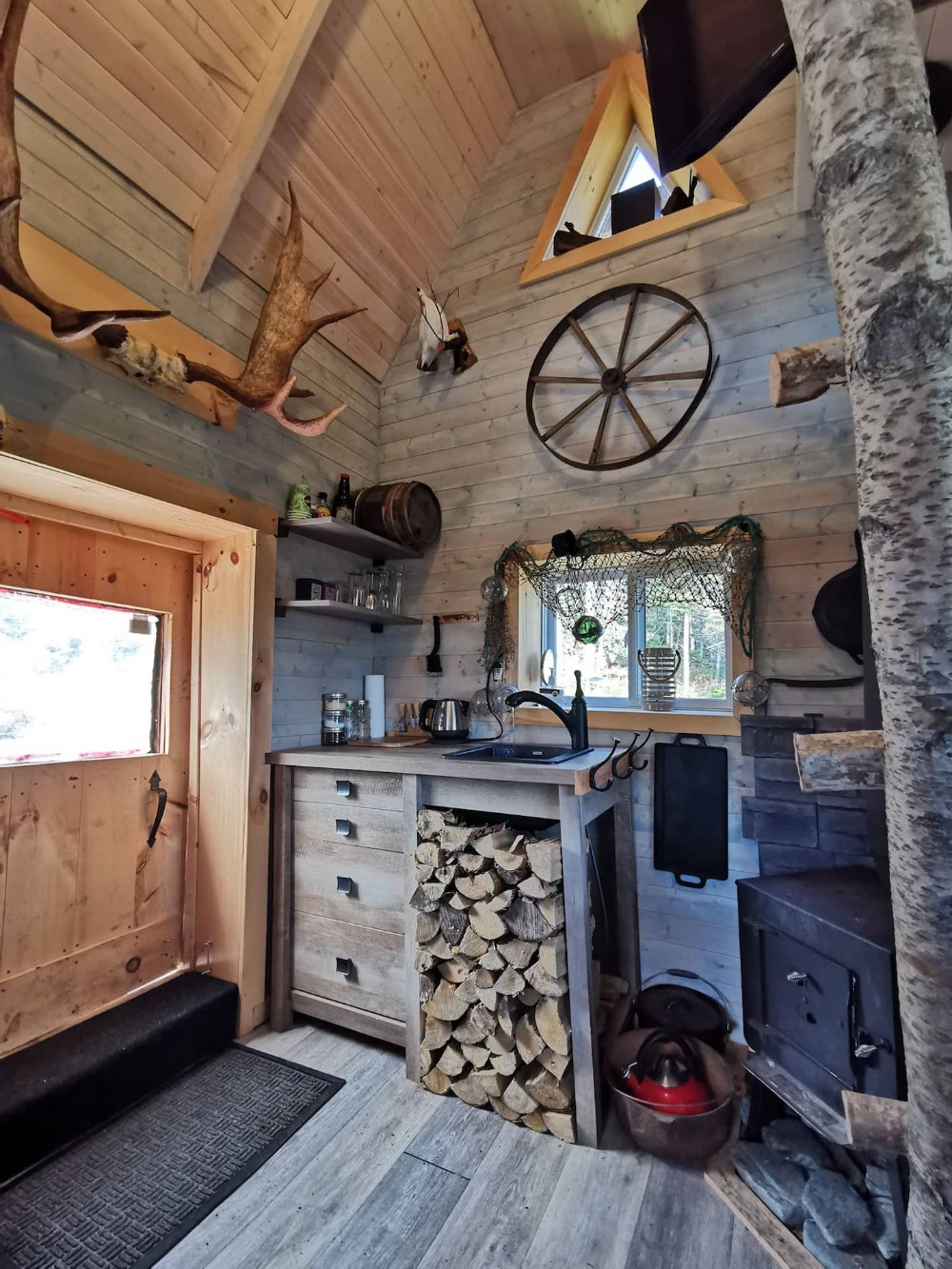 Cabin with wood-burning stove