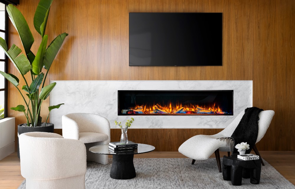 A modern living room with an electric fireplace on a wood statement wall