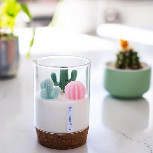 A white scented candle with cactus-shaped embellishments on top of it, sitting in a small glass votive with a cork base.