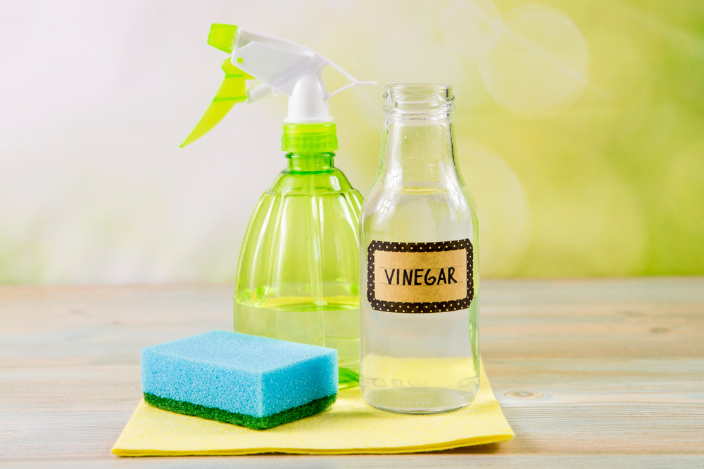 vinegar and a spray bottle with cleaning supplies