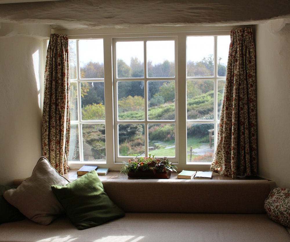Bay window with curtains