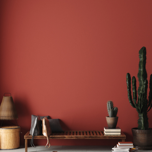 Deep rust-red wall with a low wooden infront of it. Atop the bench are two leather bags. Flanking the bench are a tall, potted cactus to the right and a leather ottoman with a rattan lamp sitting atop it to the left.
