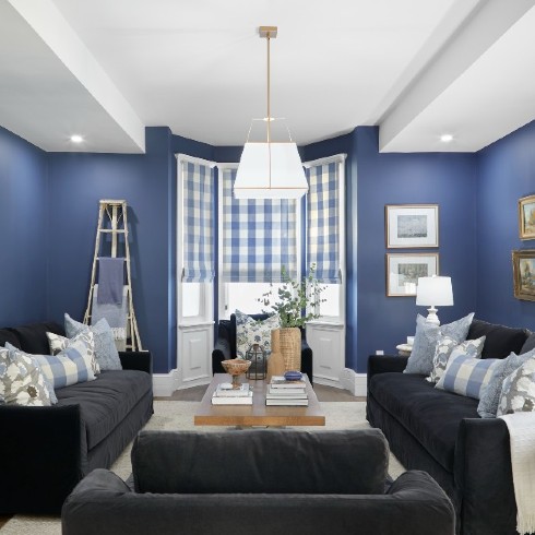 Living room in a modern farmhouse colour palette of white and blue