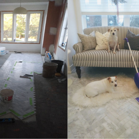 Mid-renovation living room shot side by side with finished living room shot. Two dogs are seen in the finished living room.
