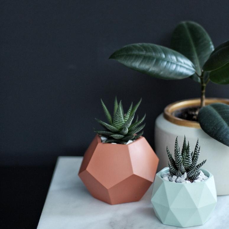 Two geometric-shaped planters that are copper and blue with succulents