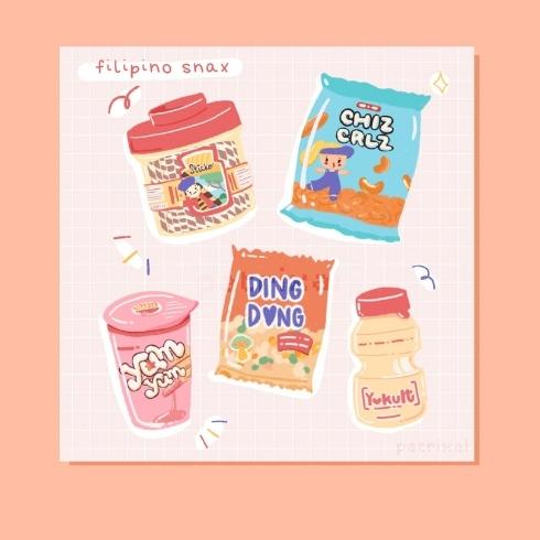 An art print with five colourful Filipino snacks.