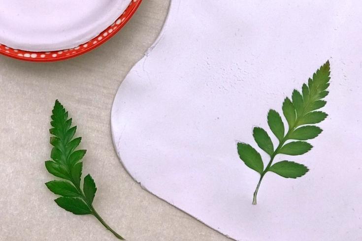 Green leaf imprinted into clay