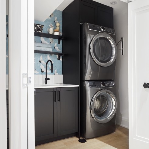 A laundry room in a closet