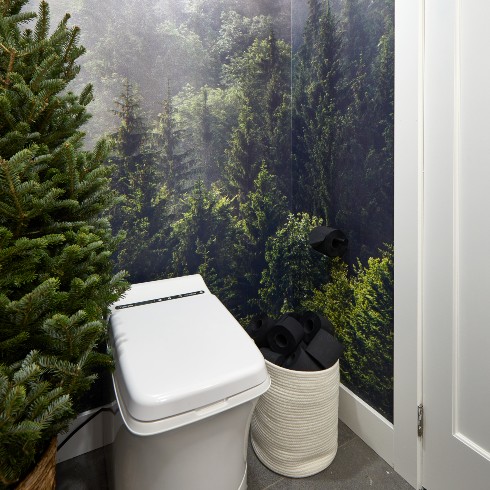 A compost toilet with forest wallpaper