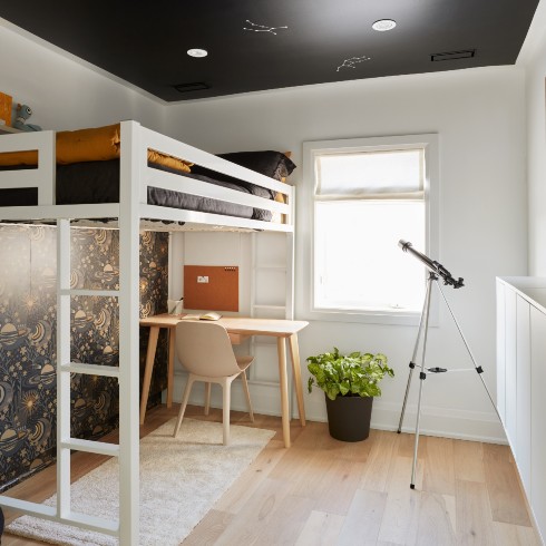 Bedroom with loft bed and work space