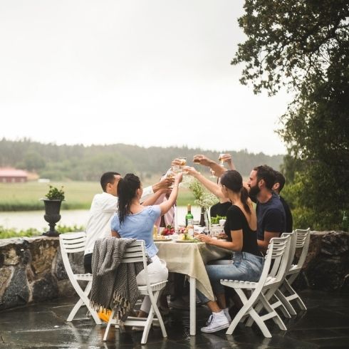 Friends toasting during an outdoor dinner on a patio