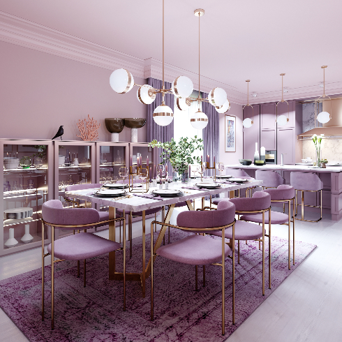 A dining room with a marble-topped table, purple chairs, lilac walls and an art deco style lighting fixture in gold with several glass orbs.