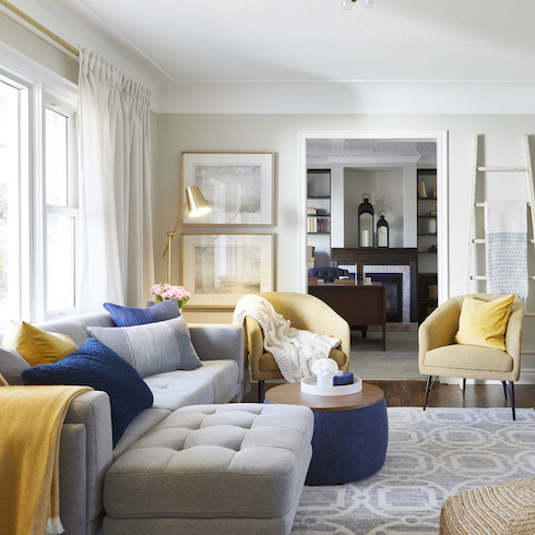 Living room with blue and yellow accents