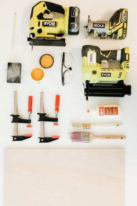 Tools and supplies on a white table. 