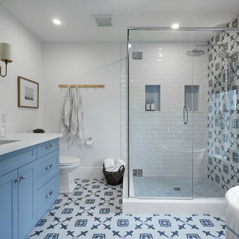 Bathroom with walk-in shower and light blue vanity