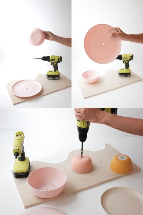 Drilling tableware to create a stylish lampshade