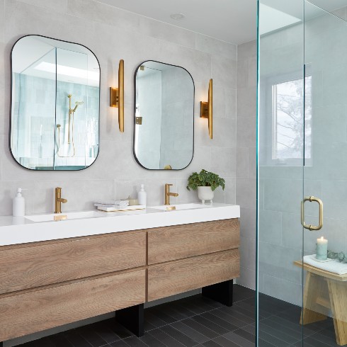 Double vanity with gold hardware