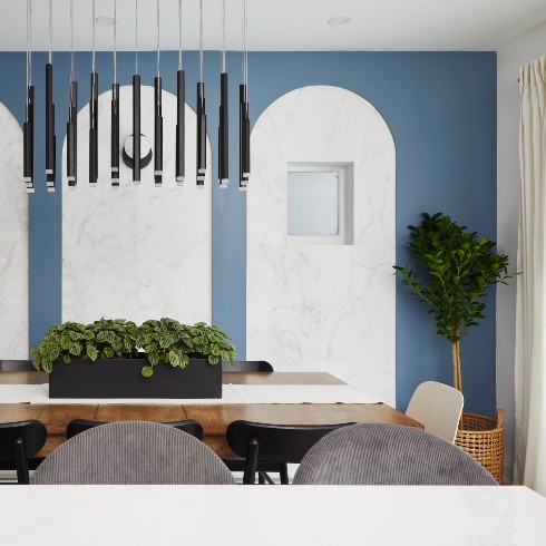 Dining room with blue and black accents