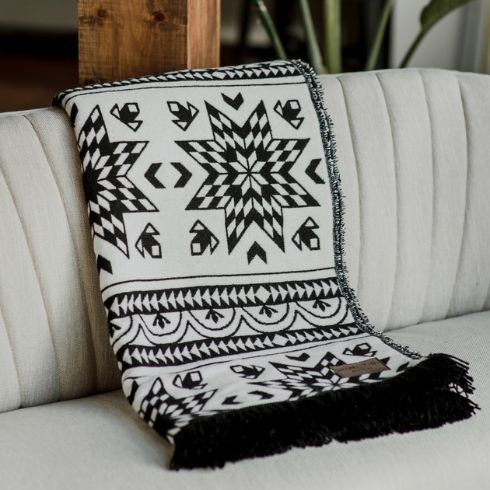 Black and white starred blanket on a couch
