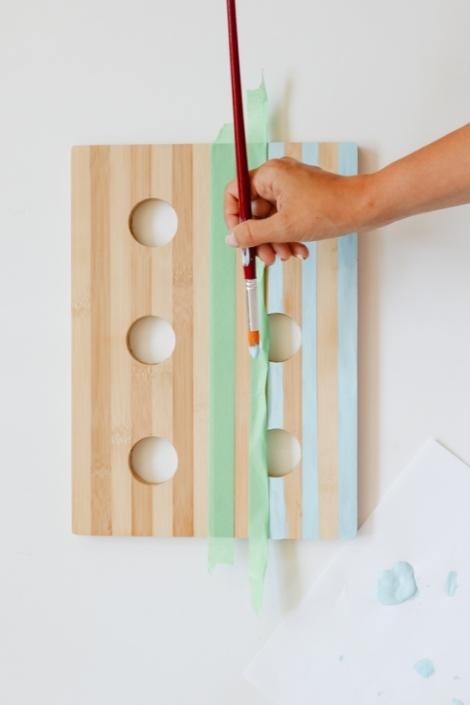 painting a wood serving tray with masking tape