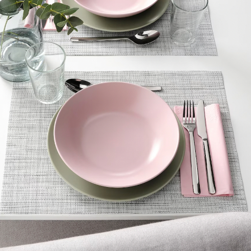 Baby pink IKEA flatware including a plate and bowl