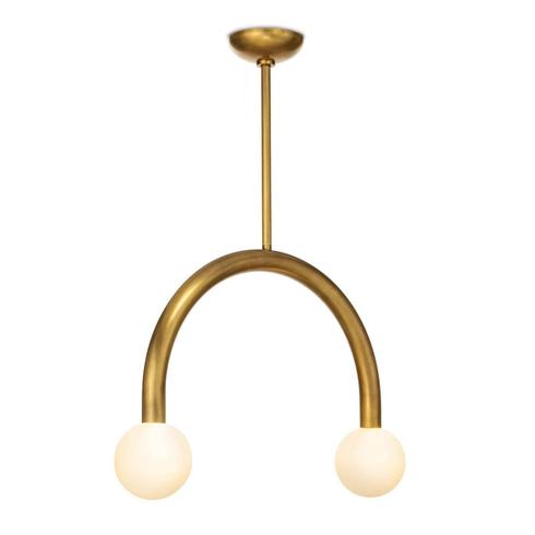 Brass arc pendant with globe lights