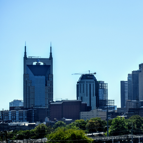 The AT&T Batman building seen in a photograph of the Nashville skyline