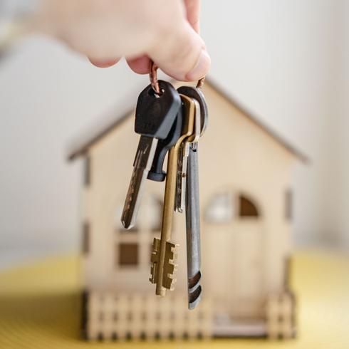A person holding keys over a small wooden house