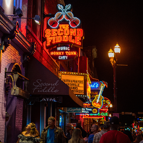 The bright neon lights in downtown Nashville, Tennessee