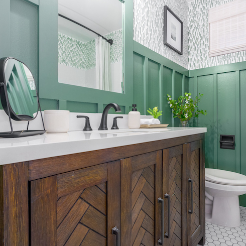 Spa-like bathroom with green and wood