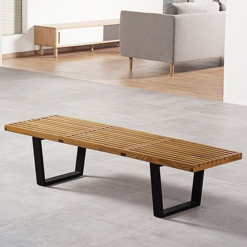 wooden bench with iron legs