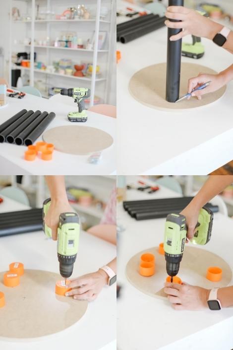 drilling PVC caps to a piece of MDF