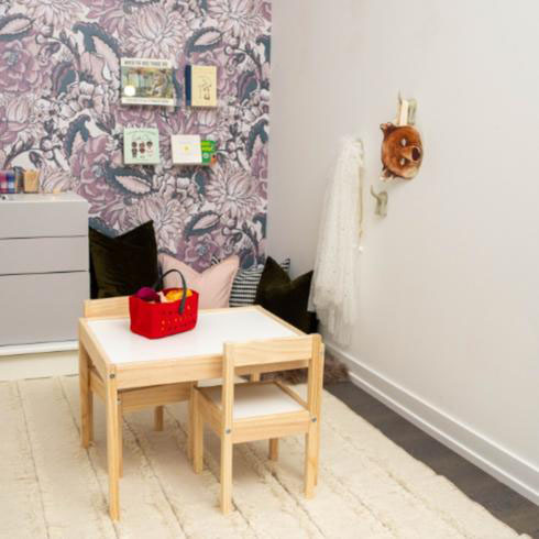 Kids nook with purple floral wallpaper