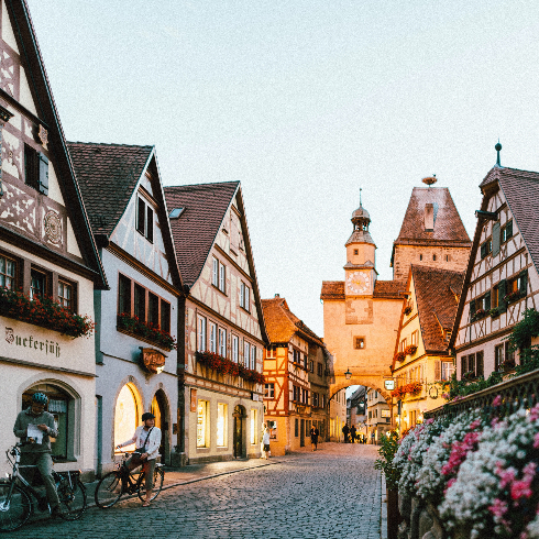 A shot of gothic half-timbered houses in Bavaria, Germany