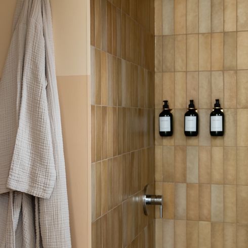 Shower with wall-mounted shampoo bottles
