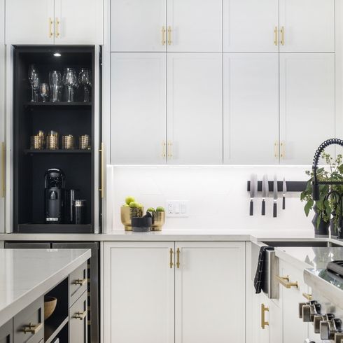Integrated coffee station in white kitchen