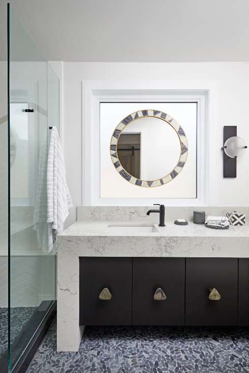 Modern spa bathroom with grey vanity
