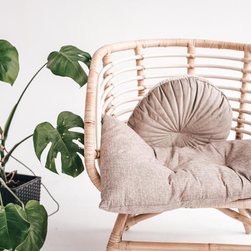 Wicker-chair-in-a-bright-white-room-with-a-plant