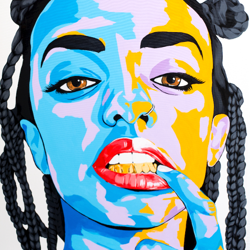 A colourful painting of a woman with grills