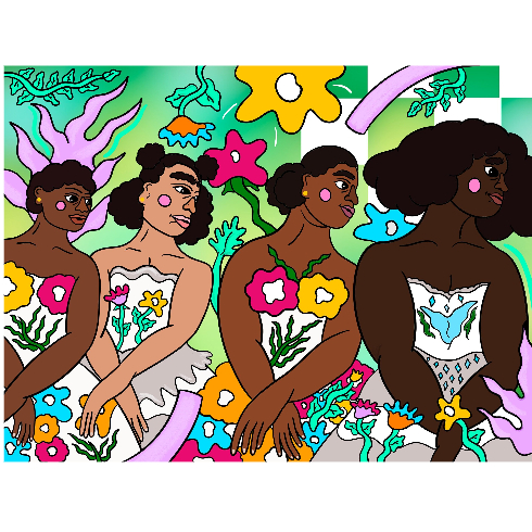 Colourful graphic print of four black women dancing with flowers on their dresses