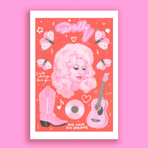 A red print with various Dolly Parton-themed illustrations against a pink backgroun