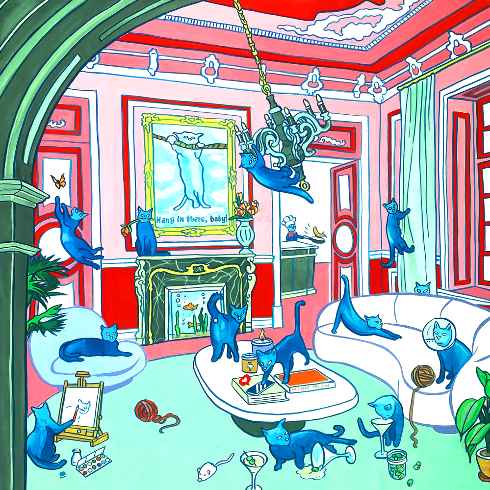 Bright illustration by Julia Mercanti of cats in a living room