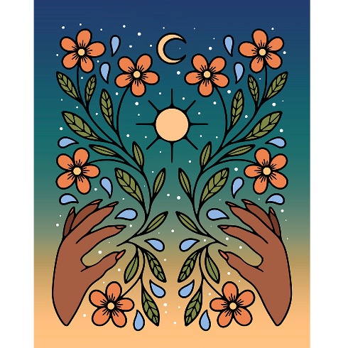 Print of hands holding up some blooms with a crescent moon in the background